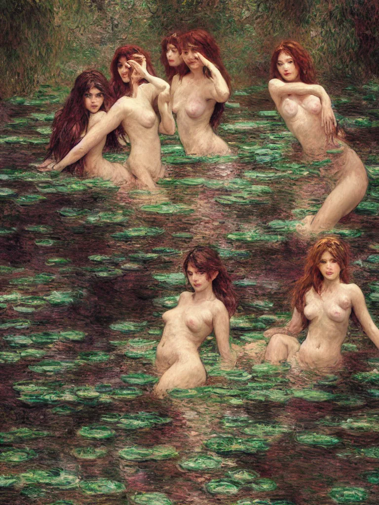 Image similar to illustration studio portrait of three dark beautiful woman bodies mermaids female energy in artistic poses in the river at the forest, monet painterly motives and textures pattern, hyper detailed, octane render, vivid colors, artstation, by jeremy mann, by alphonse mucha, by monet