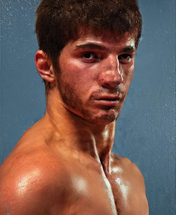 Prompt: portrait of a handsome young spanish wrestler, art by denys tsiperko and bogdan rezunenko, hyperrealism