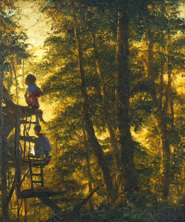 Image similar to masterful oil on canvas painting, eye - level view, shot from 5 0 feet distance, of a kid playing in a treehouse. in the background is a whimsical forest. golden hour, detailed, depth, volume, chiaroscuro, quiet intensity, vivid color palette.