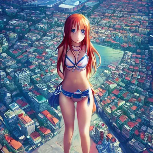 Image similar to seen from above : a giant macro very beautiful young yuuki asuna, full body, long wavy hair, sky blue eyes, full round face, bikini, miniskirt, standing in the middle of a miniature crowd, cinematic wallpaper by stanley artgerm lau