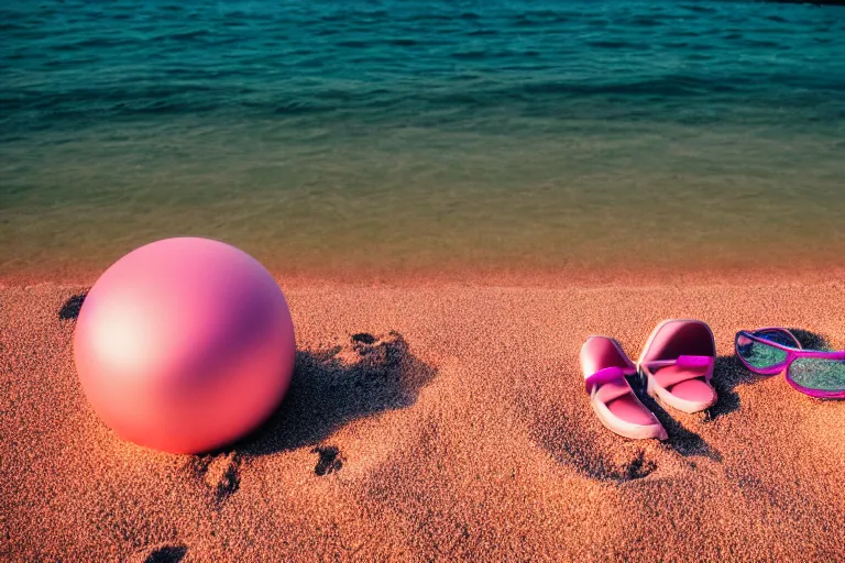 Image similar to a vintage family holiday photo fuji kodak of an empty beach shore with pastel pink sand reflective metallic water and sunbathing equipment at dusk.