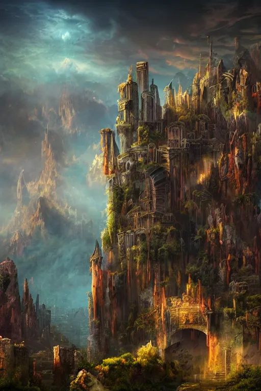 Image similar to beautiful matte painting avant - garde style, fantasy ruins skyline background painted, intricate, volumetric lighting, beautiful, rich deep colors masterpiece, sharp focus, ultra detailed by