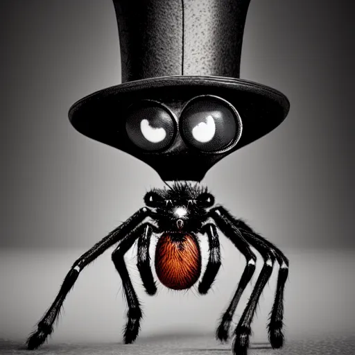 Image similar to spider wearing a top hat, ultra realistic, concept art, intricate details, eerie, highly detailed, photorealistic, octane render, 8k, unreal engine, in the style of pixar