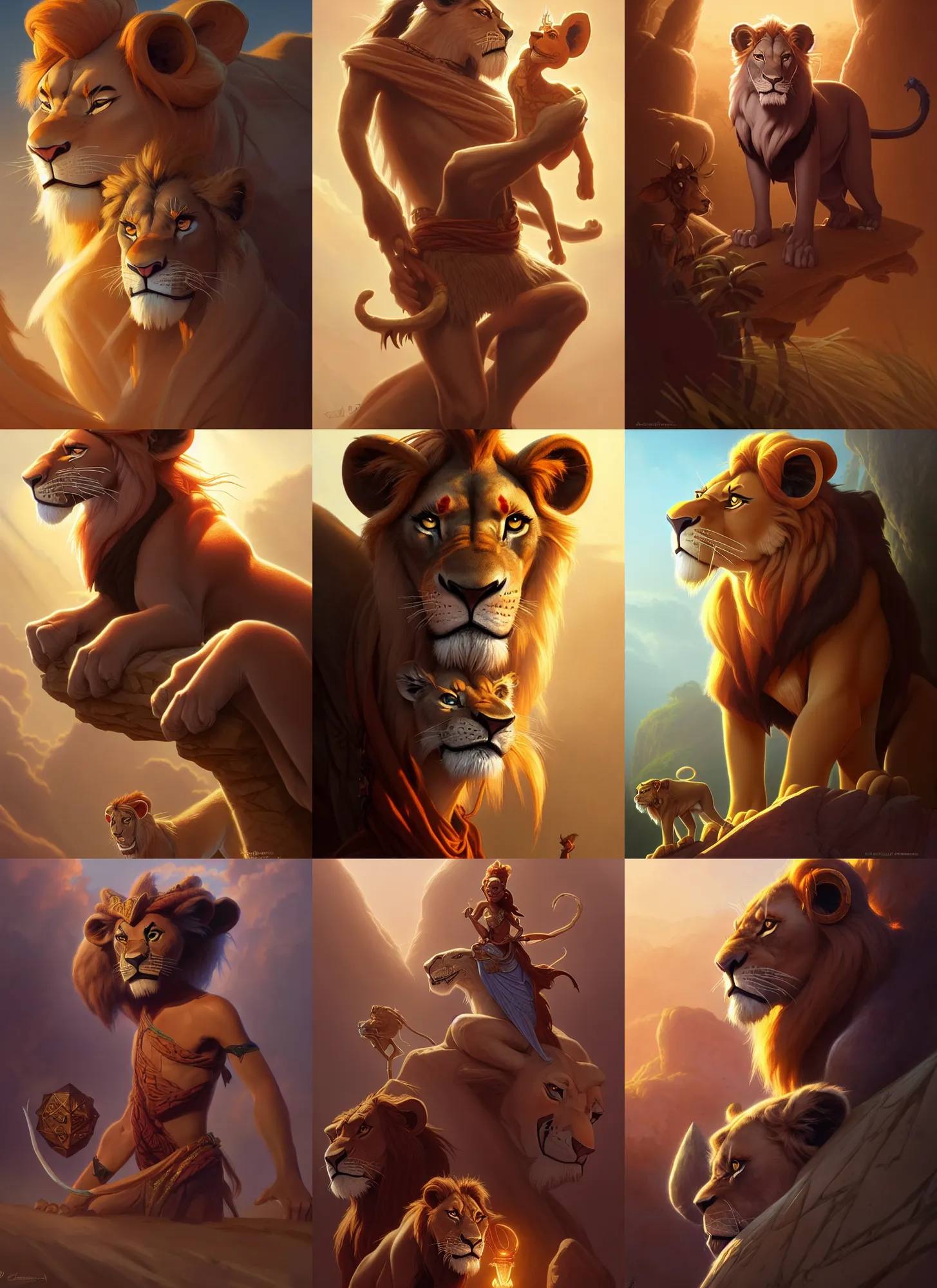 Prompt: characters from the lion king, d & d, fantasy, intricate, elegant, highly detailed, digital painting, artstation, concept art, matte, sharp focus, illustration, hearthstone, art by artgerm and greg rutkowski and alphonse mucha