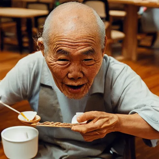 Image similar to an old japanese man eating ramen noodles in a restaurant, photorealistic