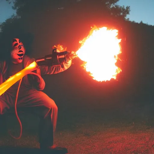 Prompt: photo of a clown using a flamethrower projecting a long flame. Cinematic, epic