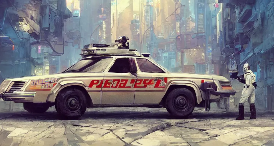 Prompt: a highly detailed epic cinematic concept art CG render digital painting artwork scene: retrofuturistic 1980s cyberpunk soviet police patrol car. By Greg Rutkowski, Ilya Kuvshinov, WLOP, Stanley Artgerm Lau, Ruan Jia and Fenghua Zhong, trending on ArtStation, made in Maya, Blender and Photoshop, octane render, excellent composition, cinematic dystopian brutalist atmosphere, dynamic dramatic cinematic lighting, aesthetic, very inspirational, arthouse