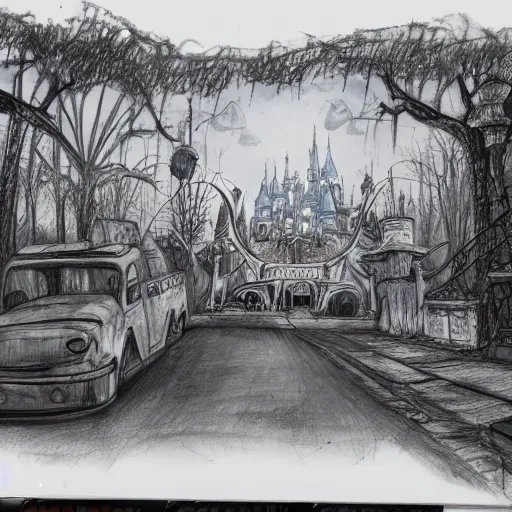 Image similar to a realistic drawing of an abandon Disney land