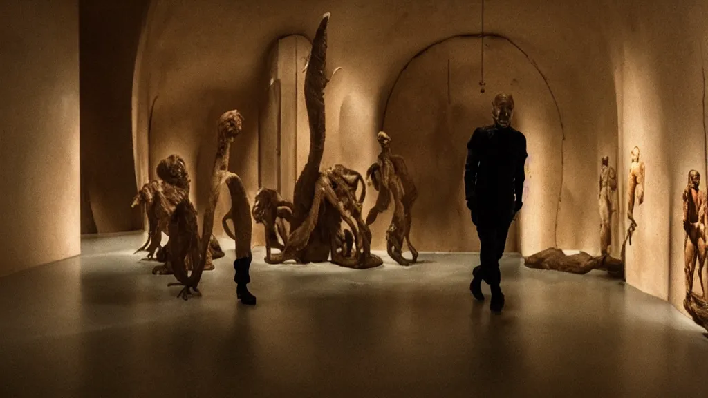 Image similar to the strange disdainful creature walks through the museum, made of wax and blood, film still from the movie directed by Denis Villeneuve with art direction by Salvador Dalí, wide lens