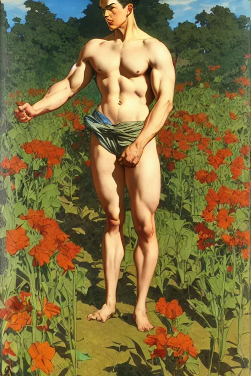 Image similar to attractive man in flower field, muscular, painting by j. c. leyendecker, yoji shinkawa, katayama bokuyo