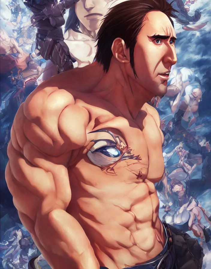 Image similar to anime portrait of nicolas cage as a muscular anime boy by Stanley Artgerm Lau, WLOP, Rossdraws, James Jean, Andrei Riabovitchev, Marc Simonetti, and Sakimichan, trending on artstation