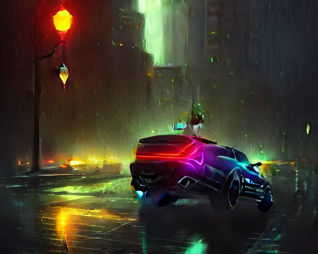 Prompt: police chase, night life, neon glow, heavy rain, deep focus, d & d, fantasy, intricate, elegant, highly detailed, digital painting, artstation, matte, sharp focus, illustration, hearthstone, art by artgerm and greg rutkowski and alphonse mucha