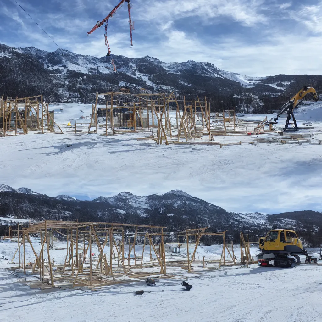 Image similar to ski station construction, clear weather, 8 k,