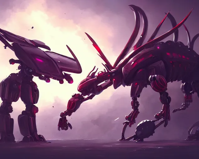 Prompt: artgerm, artstation, mech machines firing at giant bug monsters