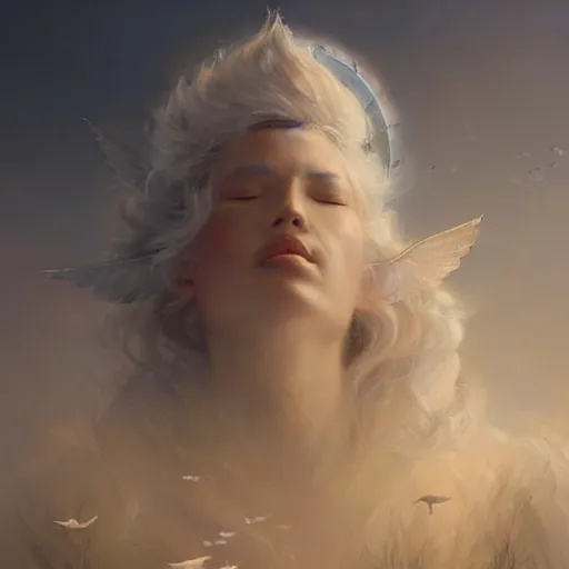 Prompt: a beautiful portrait of a cloud goddess with numerous tiny birds flying in the background and closed eyes by Greg Rutkowski and Raymond Swanland, Trending on Artstation, ultra realistic digital art