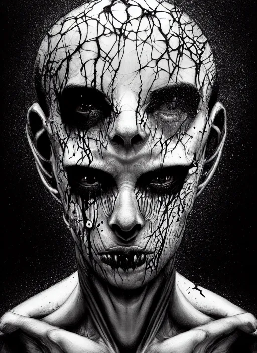 Image similar to a dream portrait of a shy boy, black & white, melting, webbing, 8 k, by tristan eaton, stanley artgerm, tom bagshaw, greg rutkowski, carne griffiths, ayami kojima, beksinski, giger, trending on deviantart, face enhance, hyper detailed, minimalist, horror, alien