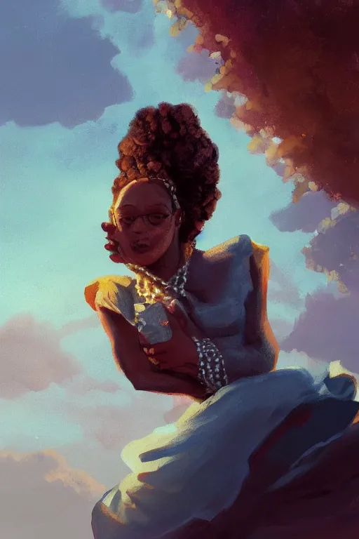 Prompt: a black woman ancestor watching her kids from the sky ( ( ( ( volumetric light ) ) ) ), high angle, part by pearl fryar, part by prince damah, sunny day, trending on artstation, cinematic view, illustration, painting.