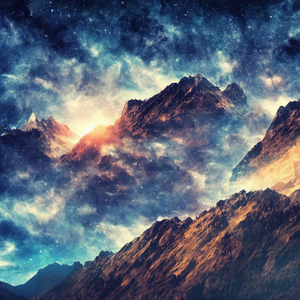 Image similar to vertical, mountains, limit, universe, galaxy, upwards, photo, blue sky, realistic, highly detailed, cinematic
