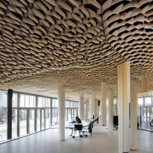 Image similar to the interior of a gaudi - esque office building for work