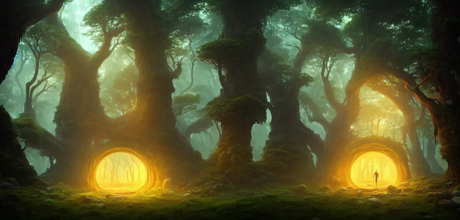 Image similar to random mystic forest giant house landscape, big glowing magic giant portal, huge central symmetrical composition, incredible, vector art, octane render, fabulous, hyper detailed, random cinematic view, no noise, global illumination, warm lighting, volumetric, godrays, vivid, beautiful, by jordan grimmer