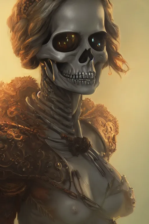 Prompt: Portrait of an anthropomorphic skeleton-woman warrior necromancer, cinematic lighting, hyper-detailed, cgsociety, 8k, high resolution, in the style of Charlie Bowater, Tom Bagshaw, Alexis Franklin, Elena Masci, Pawel Rebisz