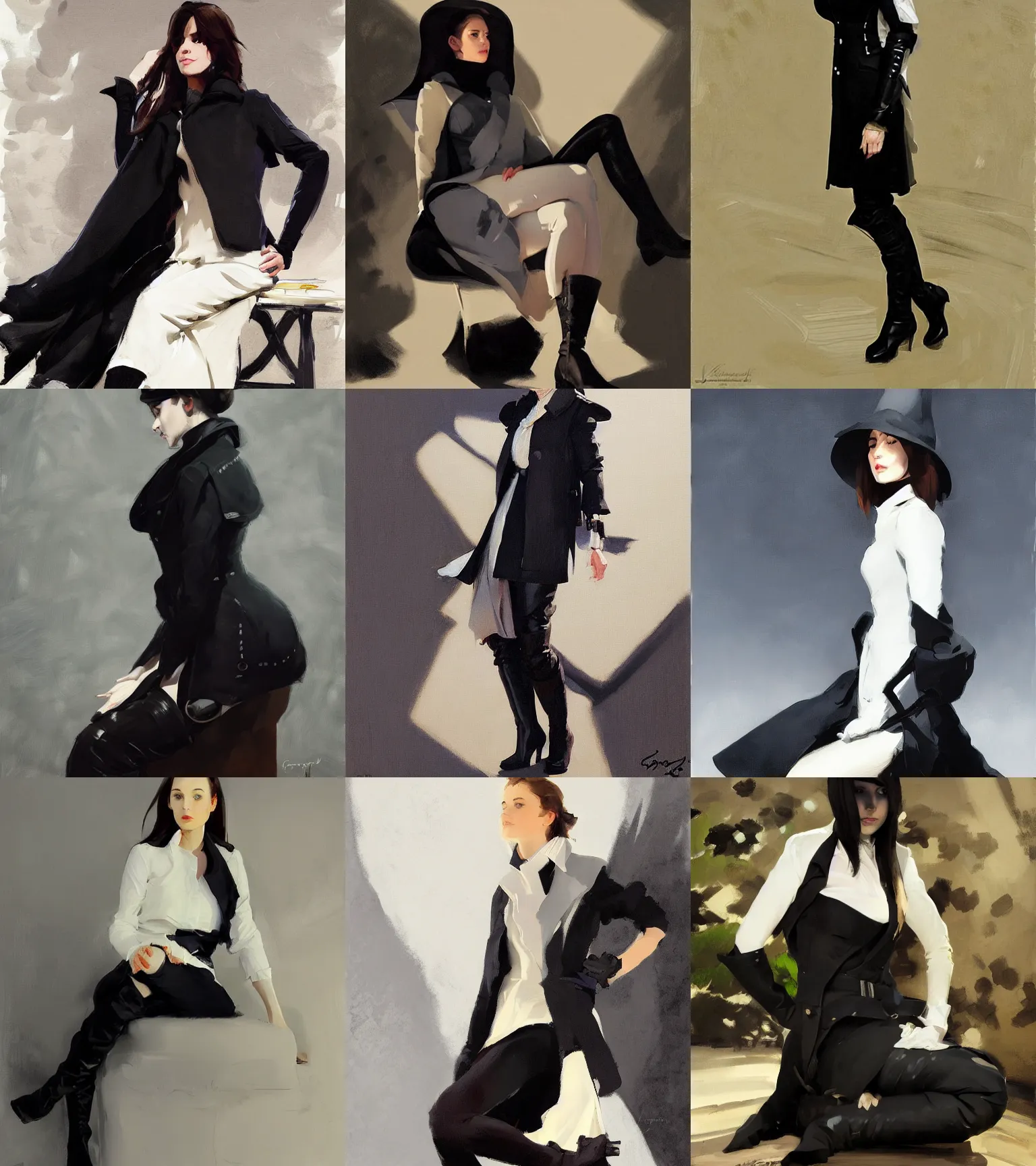 Image similar to black white cloth fabric jodhpurs knee high boots travel coat fashion, portrait in sitting pose, greg manchess painting by sargent and leyendecker, studio ghibli, fantasy, asymmetrical, intricate, elegant, matte painting, illustration, hearthstone, by greg rutkowski, by greg tocchini, by james gilleard, by joe fenton