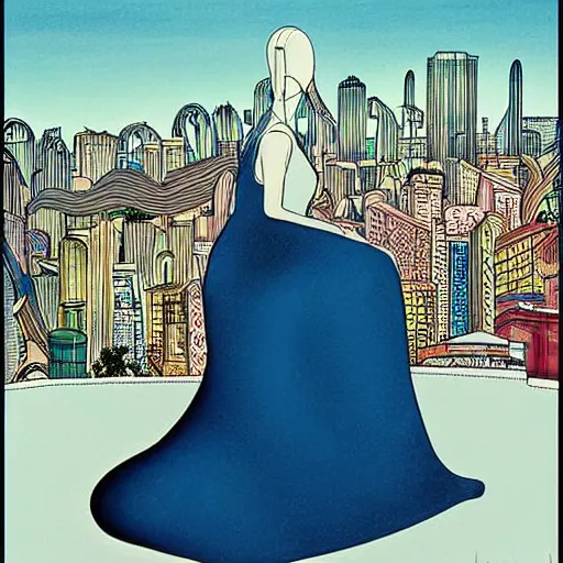 Image similar to A beautiful digital art of a young woman with big blue eyes. She has long lashes and a small mouth. Her hair is pulled back in a bun with a few stray hairs falling down. She's wearing a white dress with a blue sash and a blue scarf around her neck. In the background is a cityscape with tall buildings. by Kay Nielsen bold