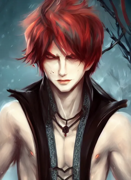 Prompt: detailed beautiful cool male character art depicting a vampire monster, concept art, depth of field, on amino, by sakimichan patreon, wlop, weibo, bcy. net, newgrounds high quality art on artstation.