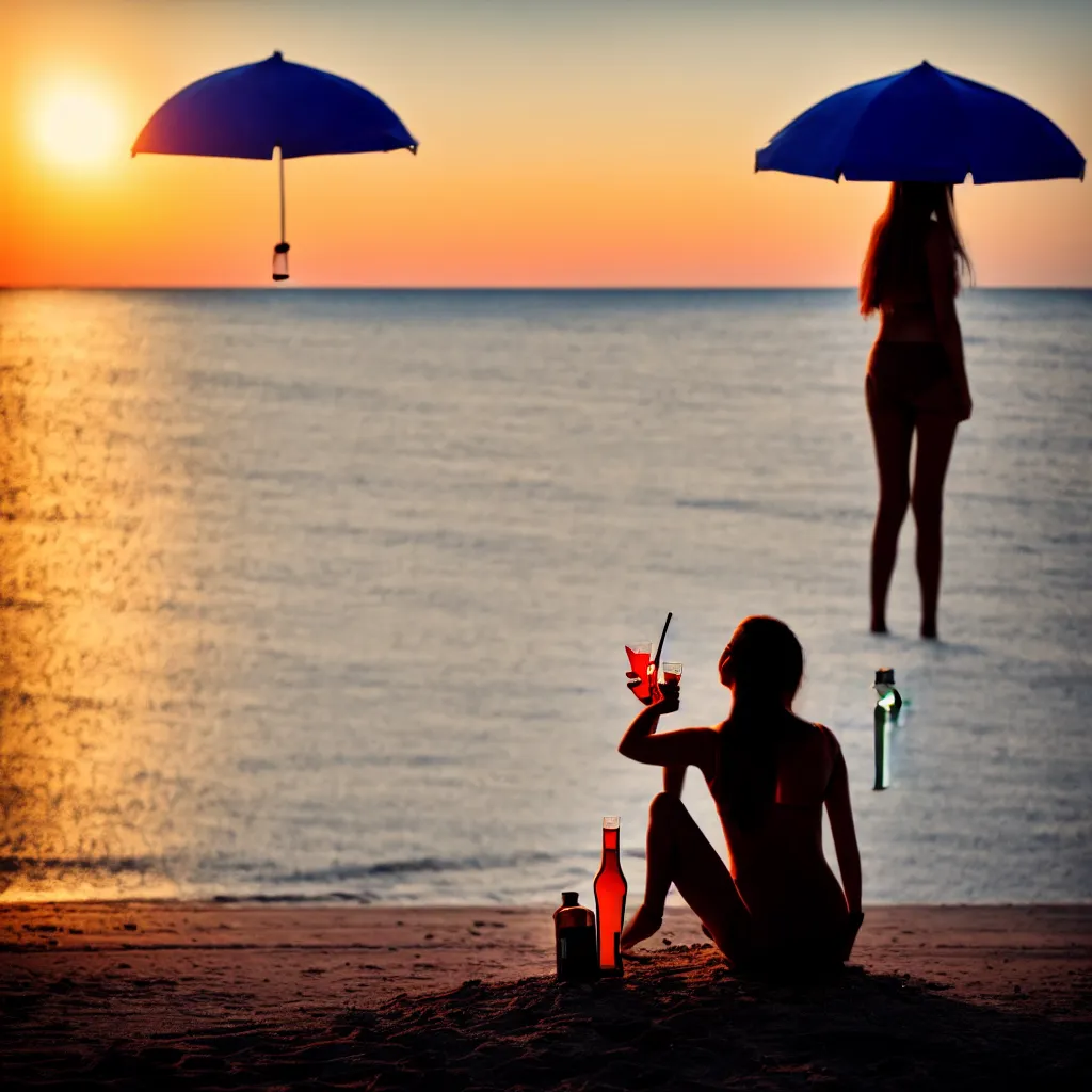 Image similar to a sad girl in a t - shirt sits on the beach under an umbrella and drinks vodka from a bottle, sunset, russia, cinematic, landscape