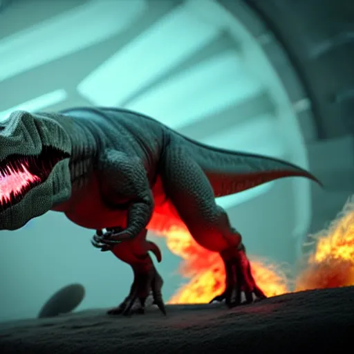 Image similar to an alien t-rex bursting out flames from its mouth in an unknown planet, octane render, bokeh, coherent, 3D