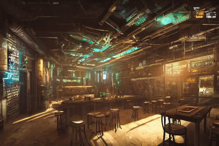 Prompt: ultra mega super hyper realistic Digital concept interior design of cyberpunk tavern with stone walls and neon lights, a lot of electronics, many details in style of Hiromasa Ogura. Natural white sunlight from the transperient roof. Rendered in VRAY and DaVinci Resolve and MAXWELL and LUMION 3D, Volumetric natural light