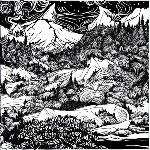 Image similar to impressive fantasy landscape, beautiful line art, square sticker, ink illustration, pure b & w, engraving illustration, sticker art