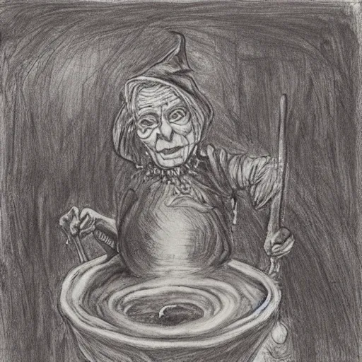 Prompt: An old wrinkled witch stirring her cauldron. Red chalk on paper mounted on board.