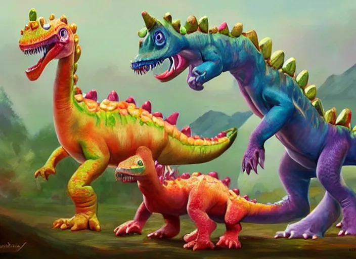 Prompt: concept art of cute candy dinosaurs, oil painting by jama jurabaev, extremely detailed, brush hard, artstation, for aaa game, high quality, brush stroke