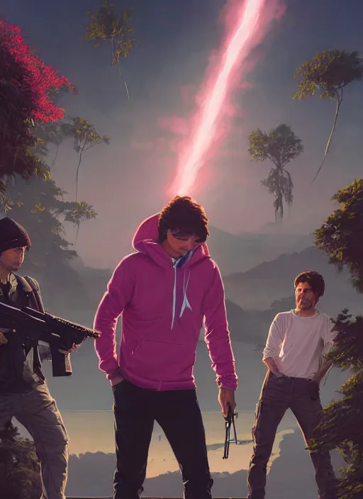 Image similar to highly detailed portrait justin trudeau in ( ( pink hoody ) ) holding ar - 1 5! ( setting costa rica ) in gta v stephen bliss unreal engine fantasy art by greg rutkowski loish rhads ferdinand knab makoto shinkai lois van baarle ilya kuvshinov rossdraws tom bagshaw global illumination radiant light detailed intricate environment