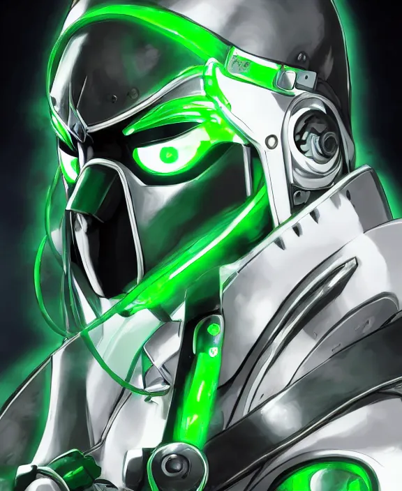 Image similar to an anime portrait of a masked cyborg warrior with jade green armour and a futuristic helmet with a neon jade visor by Yusuke Murata, 4k resolution, detailed