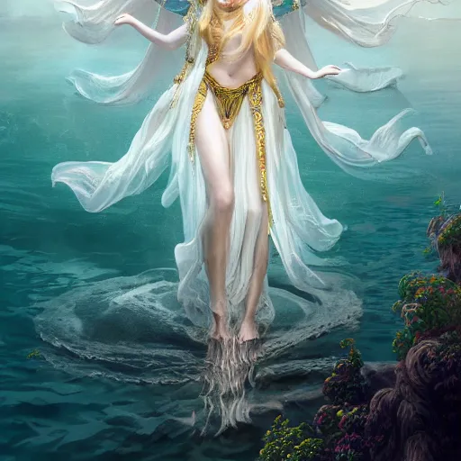 Image similar to breathtakingly detailed concept art painting full body painting, goddess floating on the sea bottom, blond hair in white sheer dress, orthodox saint ornate background, created by hsiao - ron cheng, very moody lighting, 8 k