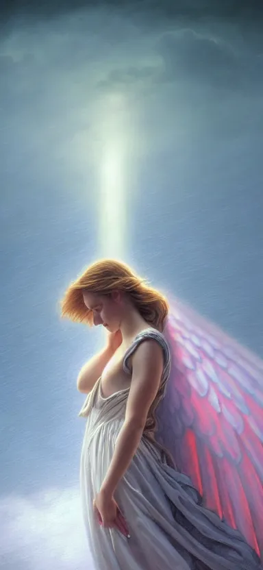 Image similar to angel, big wings, hudson river school, low key light, full plate armor with cloth, f 1 6, bokeh, extreme close up portrait, gentle, female, snowy mountain, storm clouds, god rays, landscape, d & d, fantasy, elegant, teal pink white gold color palette, concept art, artgerm and greg rutkowski and alphonse mucha