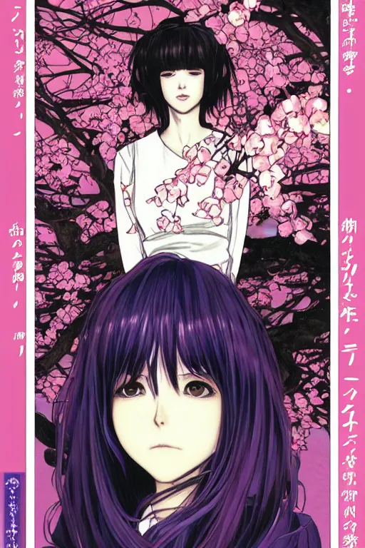 Prompt: professionally drawn shoujo mature horror mystery romance manga comic cover, beautifully drawn museum portrait coherent professional, drawn by ilya kuvshinov, gustav klimt, alphonse mucha and tsutomu nihei. japanese script kanji hiragana on the cover. simplistic minimalist stylized cover art. pink & purple & blue full color.