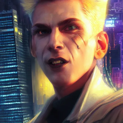 Image similar to cyberpunk, closeup portrait of a cyberpunk entertainer, blond hair, grey eyes, sadistic smile, delicate jaw, dramatic light, city background, sunset, dystopian setting, high contrast, sharp, neuromancer, peter riviera, painted by stanley lau, painted by greg rutkowski, painted by stanley artgerm, digital art, trending on artstation