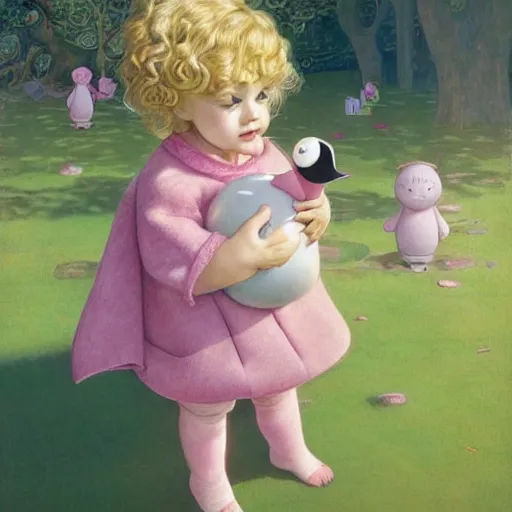 Image similar to a beautiful little blonde toddler girl with short curly hair at the park on a beautiful day in the shade, holding a round all-pink stuffed penguin, by Dan Mumford, Junji Murakami, Mucha Klimt, Hiroshi Yoshida and Craig Mullins, featured on Artstation, CGSociety, Behance HD, Deviantart