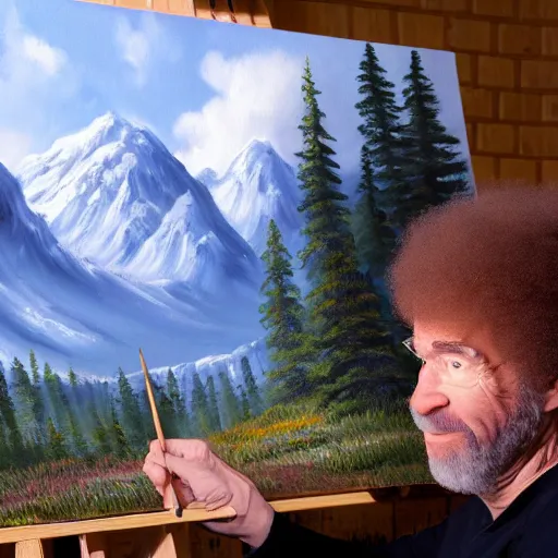 Prompt: a closeup photorealistic photograph of bob ross working on a canvas painting of cookie monster. film still. brightly lit scene. mountains and trees. this 4 k hd image is trending on artstation, featured on behance, well - rendered, extra crisp, features intricate detail, epic composition and the style of unreal engine.