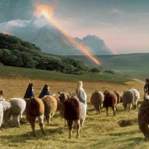 Prompt: still from lord of the rings showing the ride of the rohirrim, but on alpacas