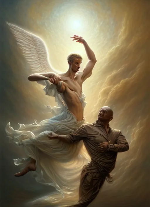 Image similar to man dancing with an angel, fine art, intricate, elegant, highly detailed, realistic hair, centered, digital painting, art station, conceptual art, soft, sharp focus, illustration, artwork, artgerm, tomasz alen kopera, peter mohrbacher, donato giancola, wlop, boris vallejo