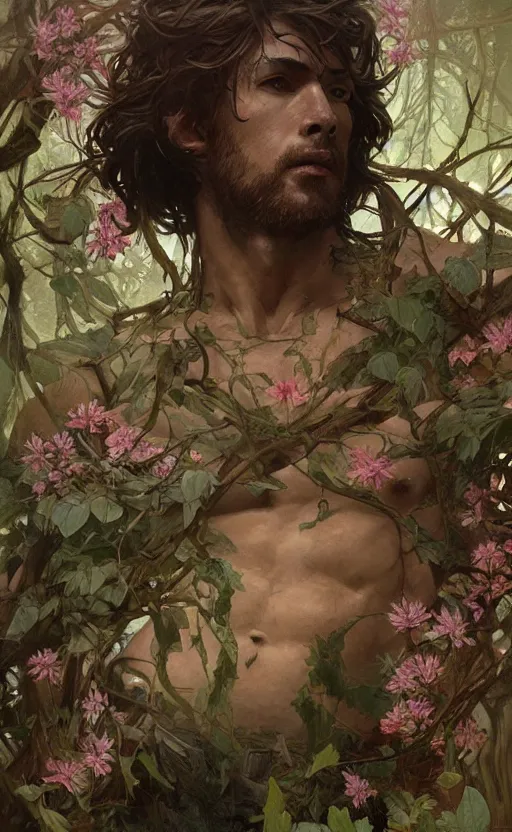 Image similar to god of the forest, 3 0 years old, rugged, handsome, male, detailed face, clean lines, atmospheric lighting, amazing, full body, thighs, flowers, muscular, intricate, highly detailed, digital painting, deviantart, concept art, sharp focus, illustration, art by greg rutkowski and alphonse mucha