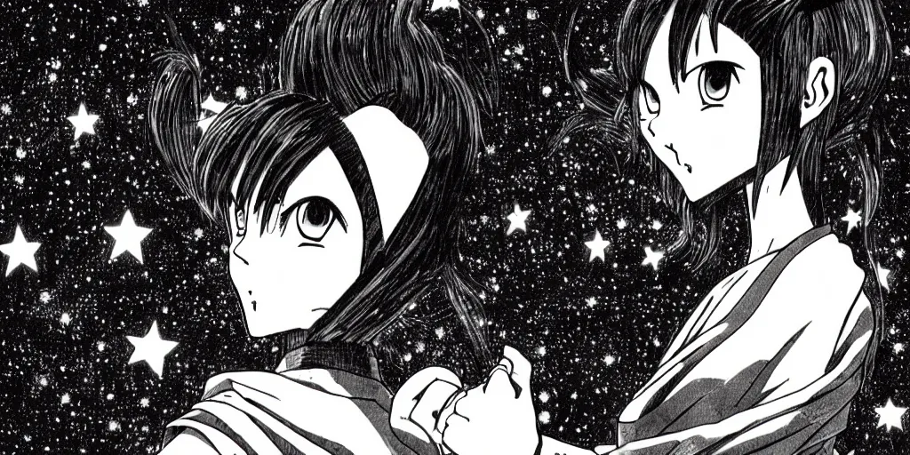 Prompt: manga portrait of a woman, akira toriyama, lineart, black and white, scifi, big clouds visible in the background, stars in the sky, high contrast, deep black tones