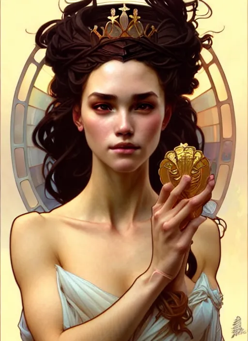 Image similar to queen, dainty wilder face, incredibly detailed face, pretty face, light dress, true anatomy, art by artgerm and greg rutkowski and alphonse mucha
