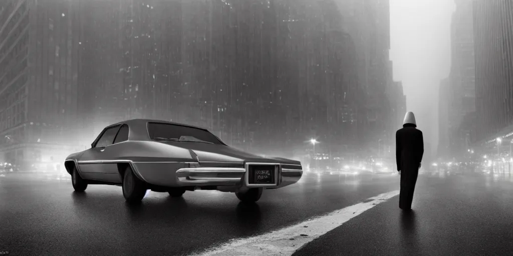 Image similar to A mysterious figure sitting in a black 1970's Chrysler Le Baron with the headlights on, parked on the side of the road in the city of New York while it is raining, by George Tooker, dark and dim, moody, sinister, lighting, 8k render, hyperrealistic