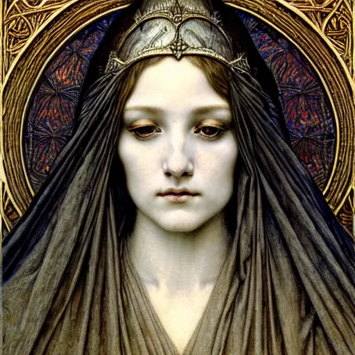 Image similar to detailed realistic beautiful young medieval queen face portrait by jean delville, gustave dore and marco mazzoni, art nouveau, symbolist, visionary, gothic, pre - raphaelite. horizontal symmetry