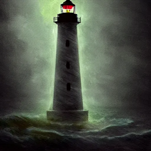 Image similar to beautiful impressionist mysterious digital painting about a scary light house glowing in the dark of a stormy night, trending on artstation, gloomy, moody, highly detailed